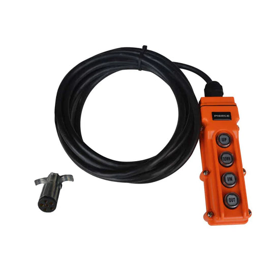 Remote Functions: 4, Wire Length: 15 ft., Plug Type: 4 Pin Trailer Plug. This PIERCE momentary control has the following features:  Water Resistant Momentary Switching Interlocking Buttons. 